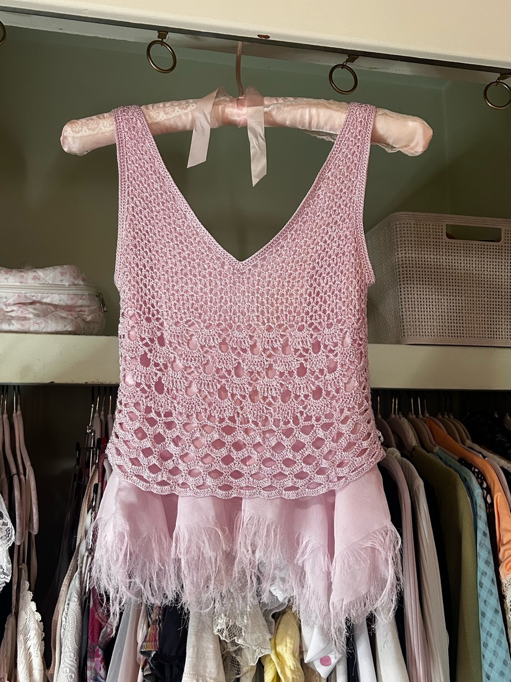 Knit Lace & Feather Trim Tank Top - Light Pink